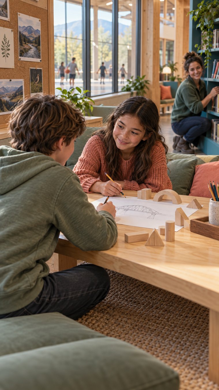 Children drawing together at a table in a bright learning space.