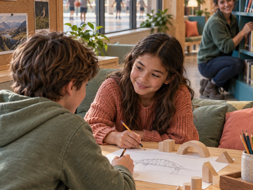 Concept of children drawing together in the Learning + Movement Commons.