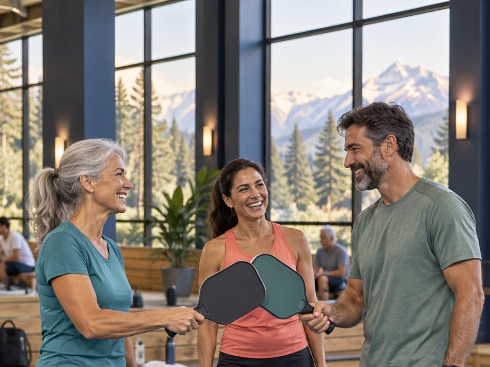 Concept of three pickleball players connecting between games.
