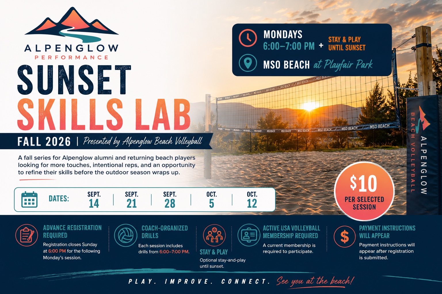 Sunset Skills Lab Fall 2026 promotional artwork. Session dates, price, location, and registration requirements are provided as text on this page.