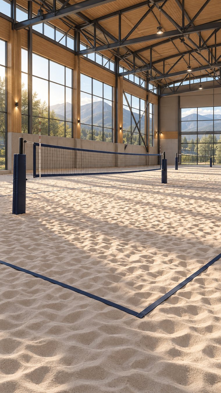 Sunlit indoor sand court with timber beams and tall windows.