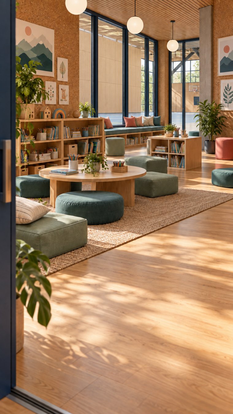Warm gathering space with books, tables, and soft seating.