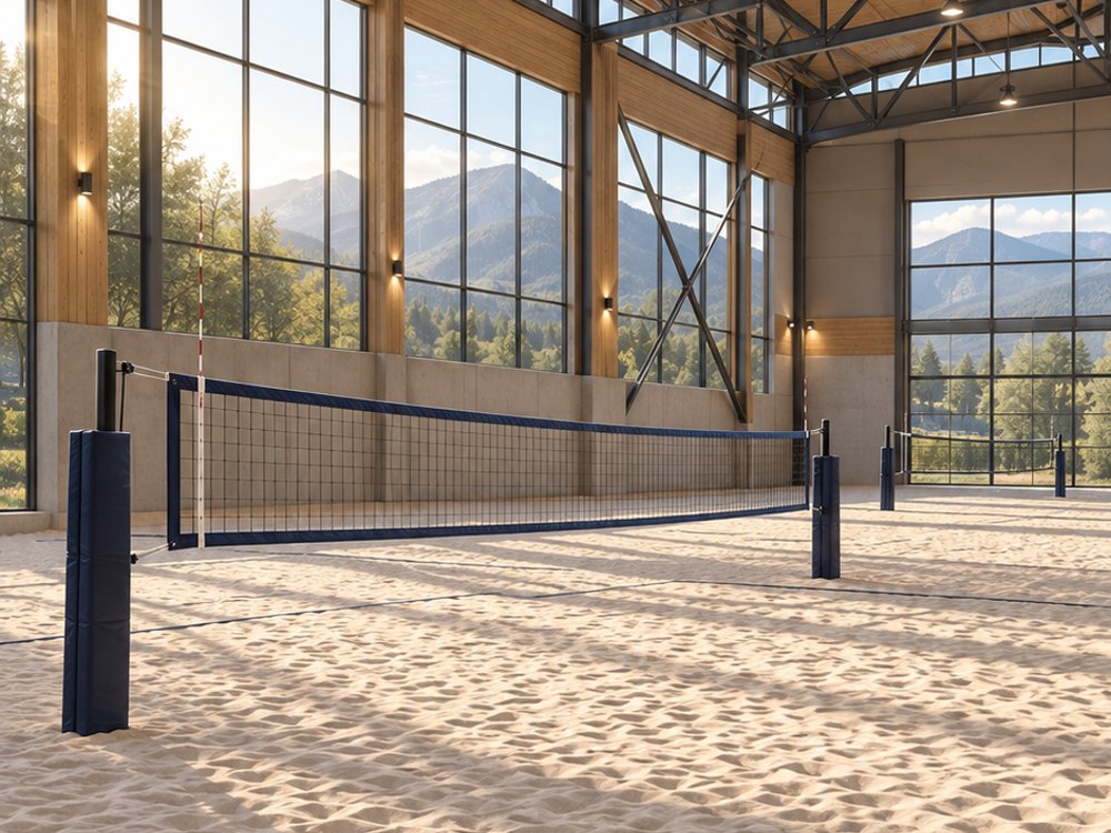 Concept of indoor sand courts in a spacious, light-filled building.