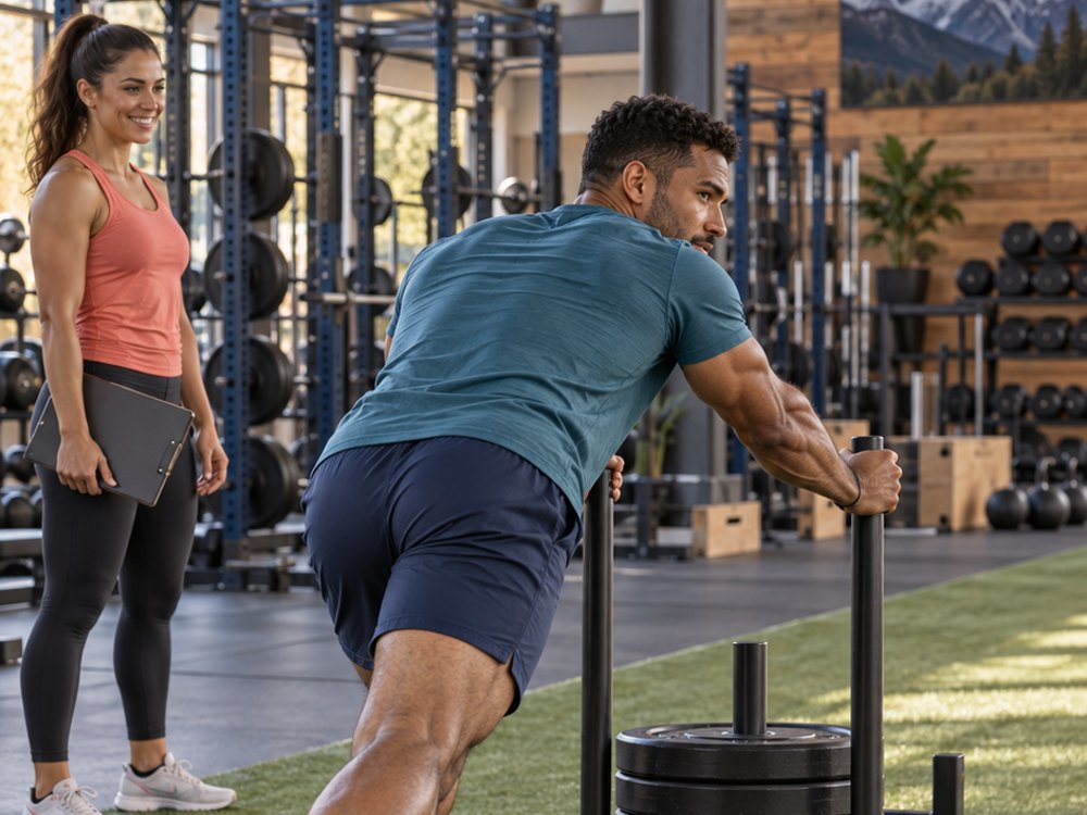Concept of a bright strength training space with people exercising.